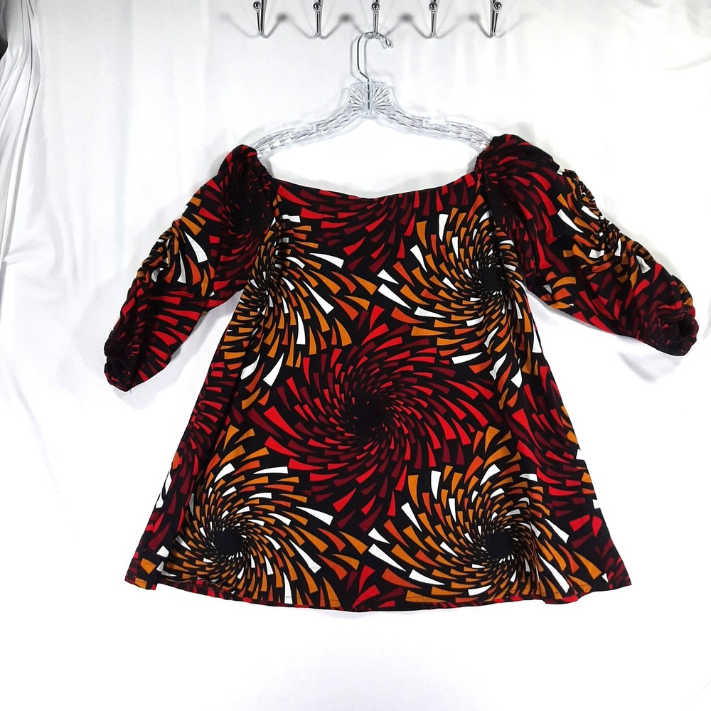 Red Orange Geometric Spiral Print Off Shoulder Ruched Sleeve Tunic‎ Top